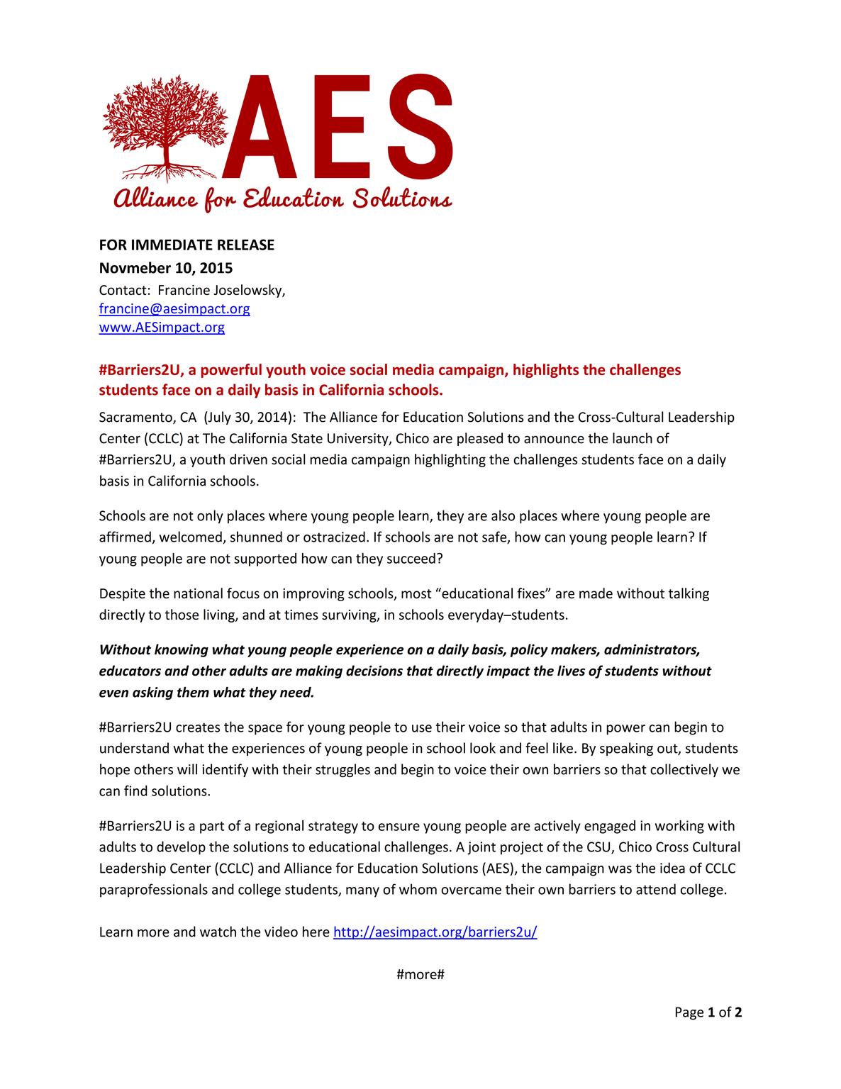 AES Press Release Barriers to You Nov 2015_001_r