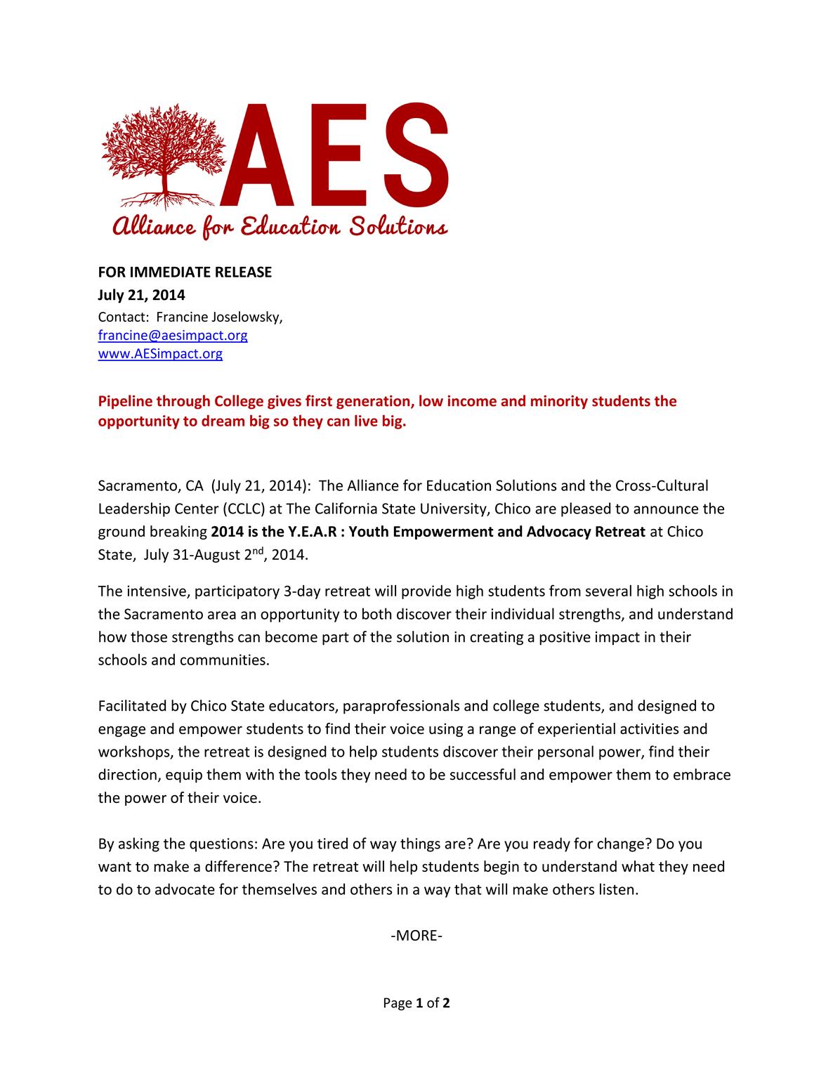 AES Press Release Youth Advocacy Training July 2014_001_r